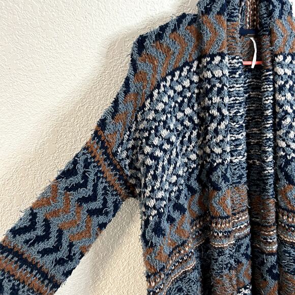 Free People Lona Wrap Cardigan Womens Size Small No Belt Blue Brown White - Picture 4 of 9